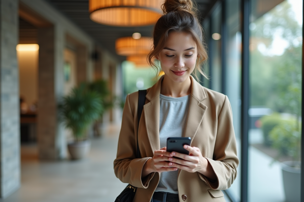 Jeune femme consulte un calendrier de dividendes dans une banque moderne