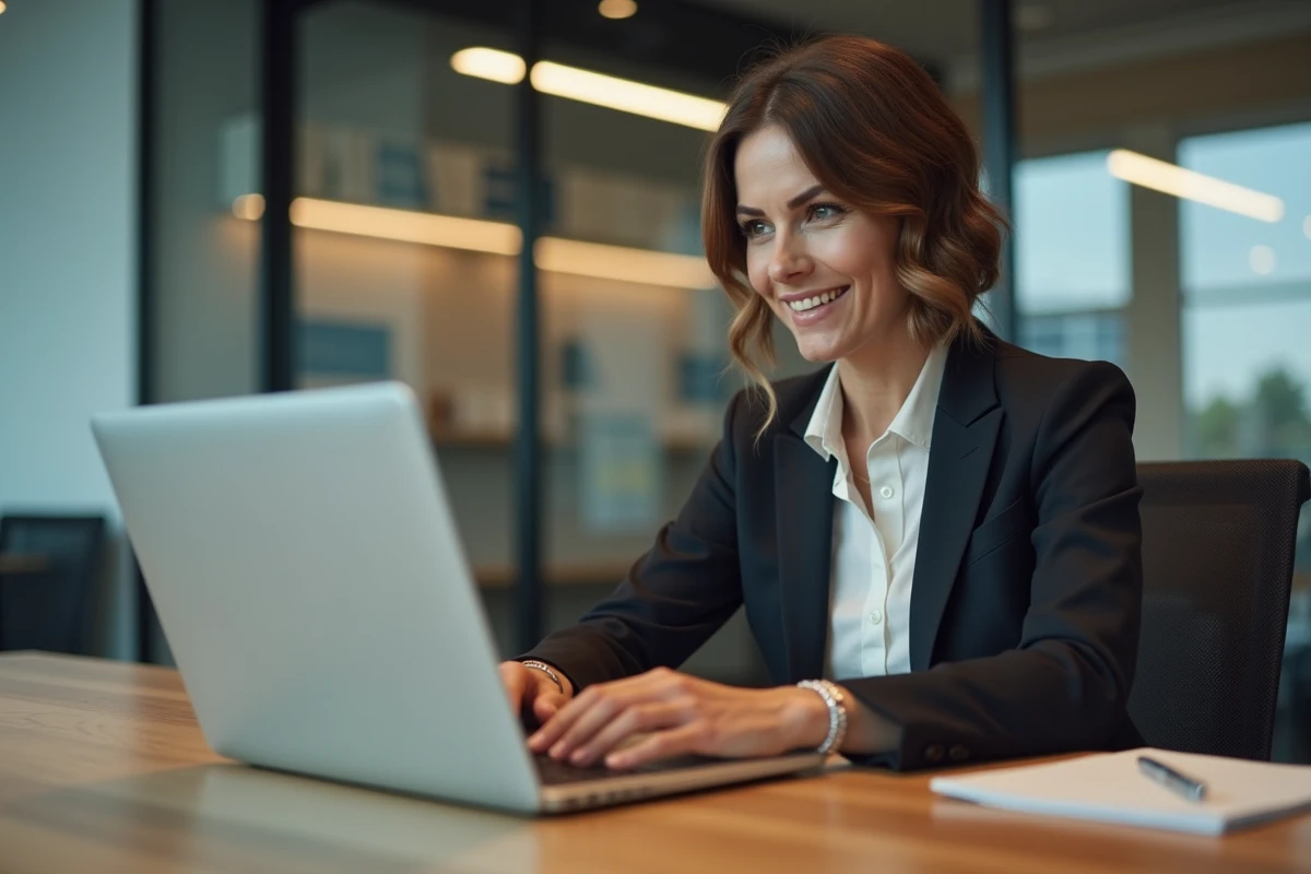 Femme confiante travaillant sur son ordinateur au bureau