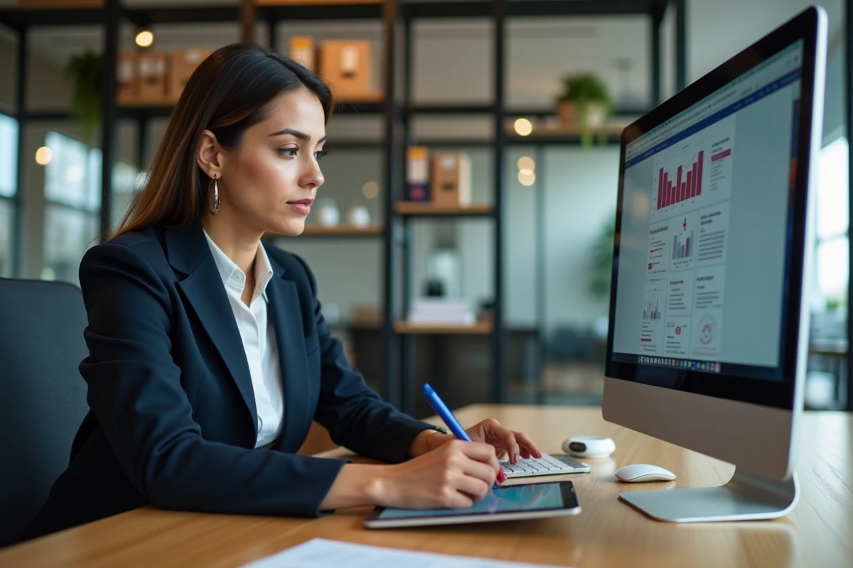 Femme professionnelle au bureau utilisant une tablette