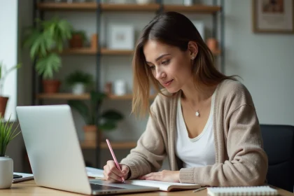 Femme au bureau moderne travaillant sur son ordinateur