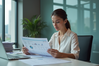 Femme au bureau examine un rapport de salaire