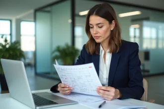 Femme cadre consultant un calendrier annuel 2026 dans un bureau moderne pour planifier ses jours travaillés