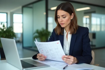 Femme cadre consultant un calendrier annuel 2026 dans un bureau moderne pour planifier ses jours travaillés