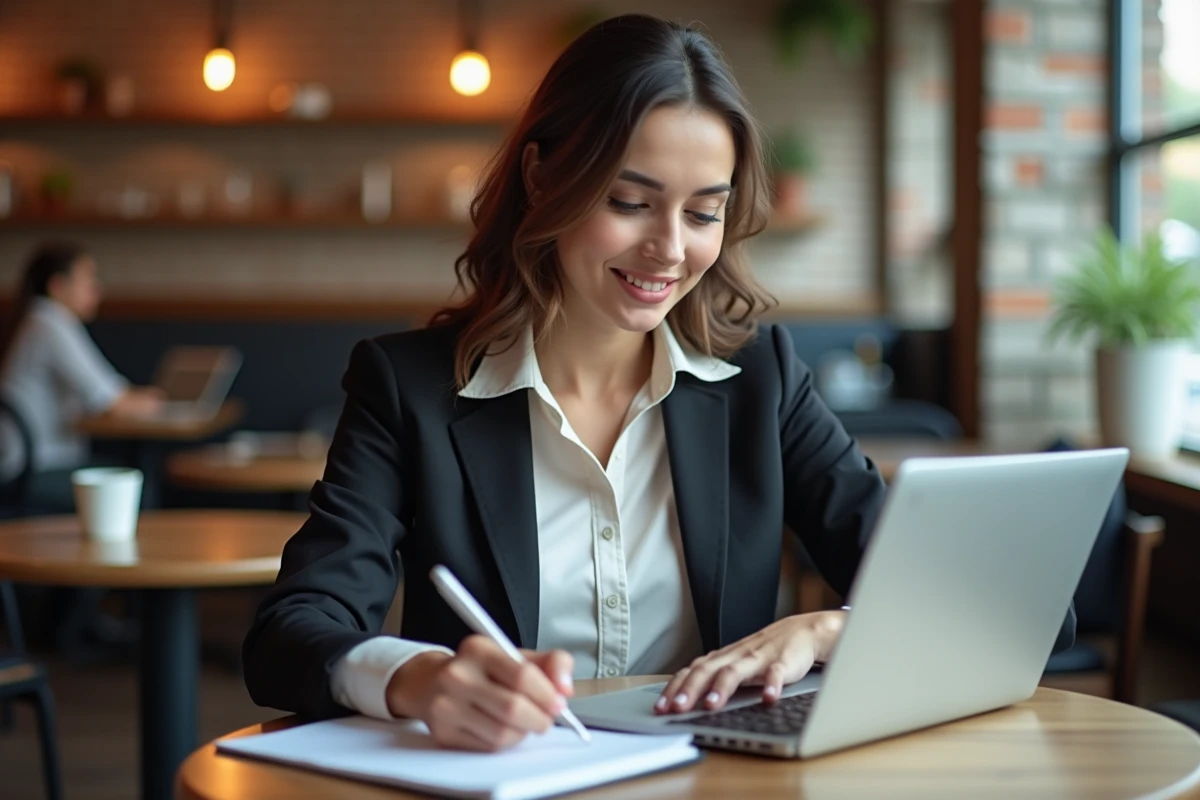 Femme au caf&eacute; travaillant sur son ordinateur portable