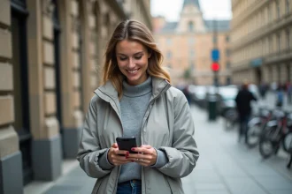 Femme utilisant une application de conversion de mesures sur smartphone en ville