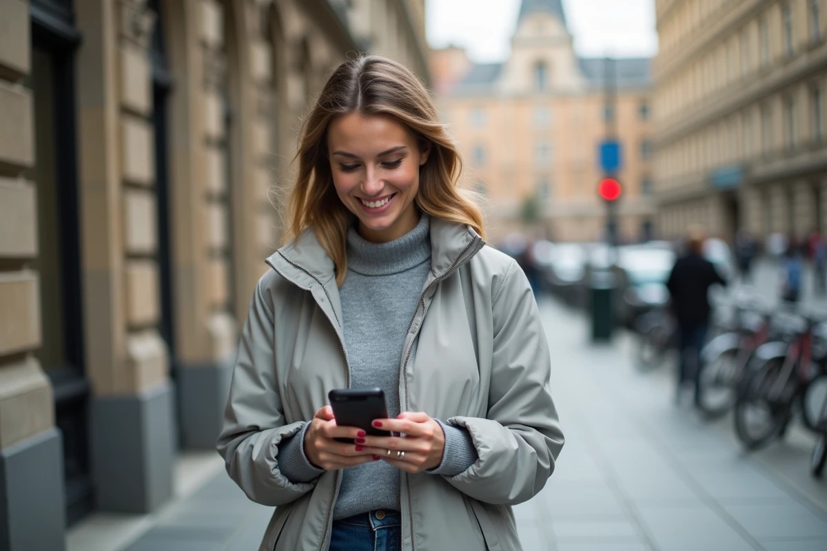 Femme utilisant une application de conversion de mesures sur smartphone en ville