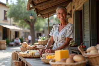 Femme corse en marché artisanal avec fromages et pains