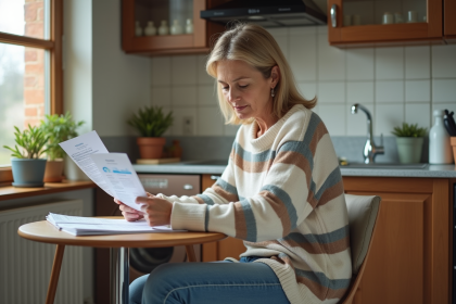 Femme d'âge moyen dans une cuisine lisant une brochure