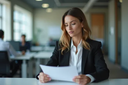 Femme en bureau lisant une lettre de demission