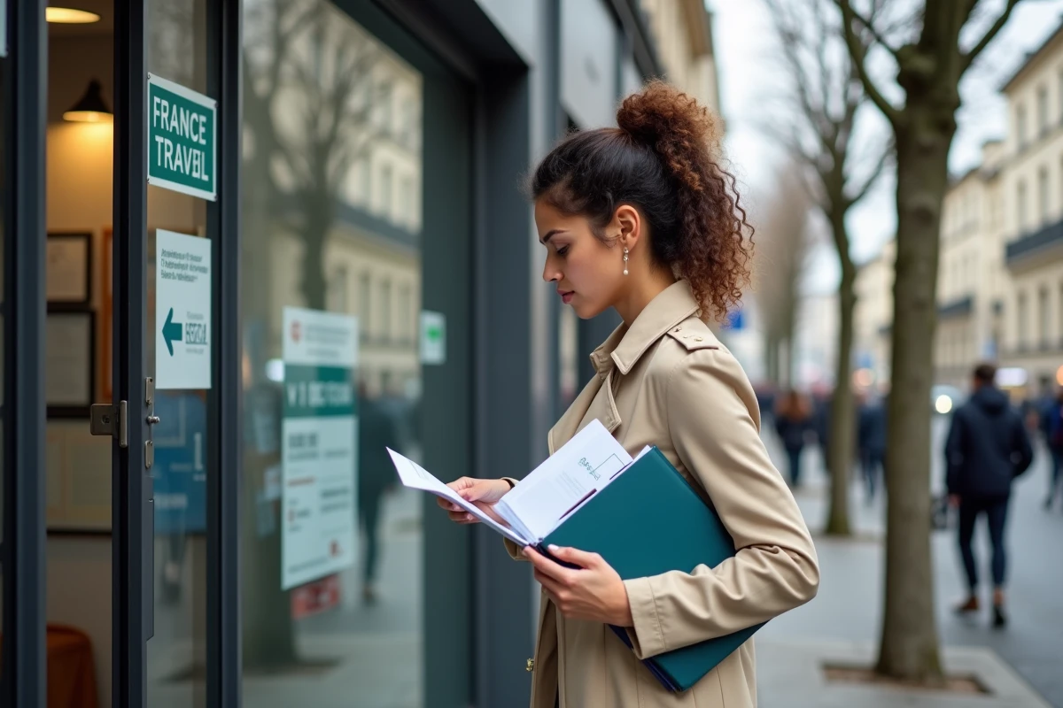 Jeune femme en catégorie 3 France Travail consultant ses documents de droits au chômage devant une agence pour l'emploi