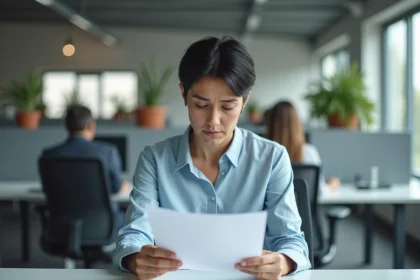 Femme &eacute;puis&eacute;e tenant une lettre de rupture conventionnelle dans un bureau open-space, expression fatigu&eacute;e et r&eacute;sign&eacute;e