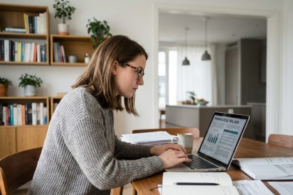 Femme concentr&eacute;e &eacute;tudiant en pharmacie &agrave; la maison