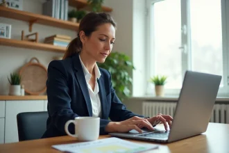 Femme professionnelle gérant sa facturation en ligne sur un ordinateur portable dans un bureau à domicile moderne