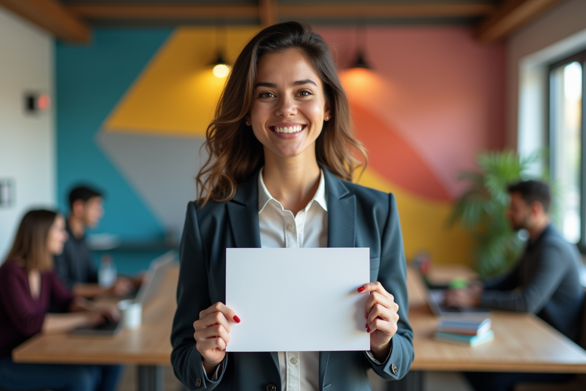 Femme fondatrice fiere tenant un certificat dans un espace de coworking