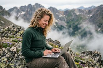 Femme en plein air avec ordinateur en montagne