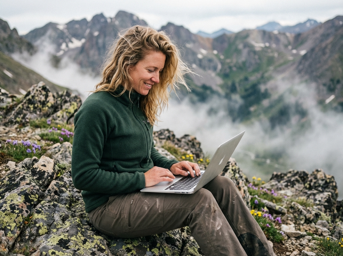 Femme en plein air avec ordinateur en montagne