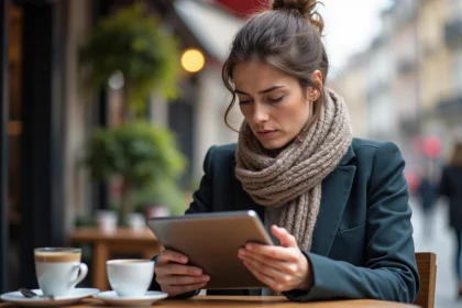 Femme concentr&eacute;e lisant les actualit&eacute;s sur une tablette en terrasse