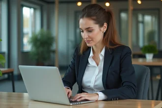 Femme d'affaires analysant des données marketing sur son ordinateur