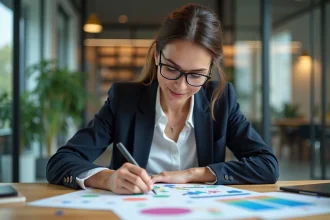 Femme professionnelle organise cartes d experience sur bureau