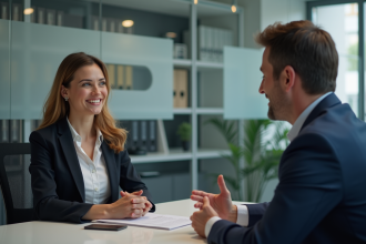 Femme en costume au bureau lors d'une conversation professionnelle
