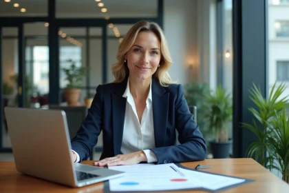 Professionnelle consultant un extrait KBIS et des documents de domiciliation d'entreprise dans un espace de coworking moderne