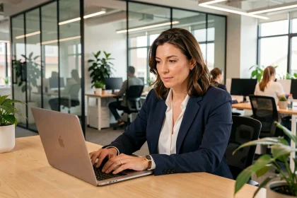 Femme professionnelle optimisant son profil en ligne sur un ordinateur portable dans un bureau moderne