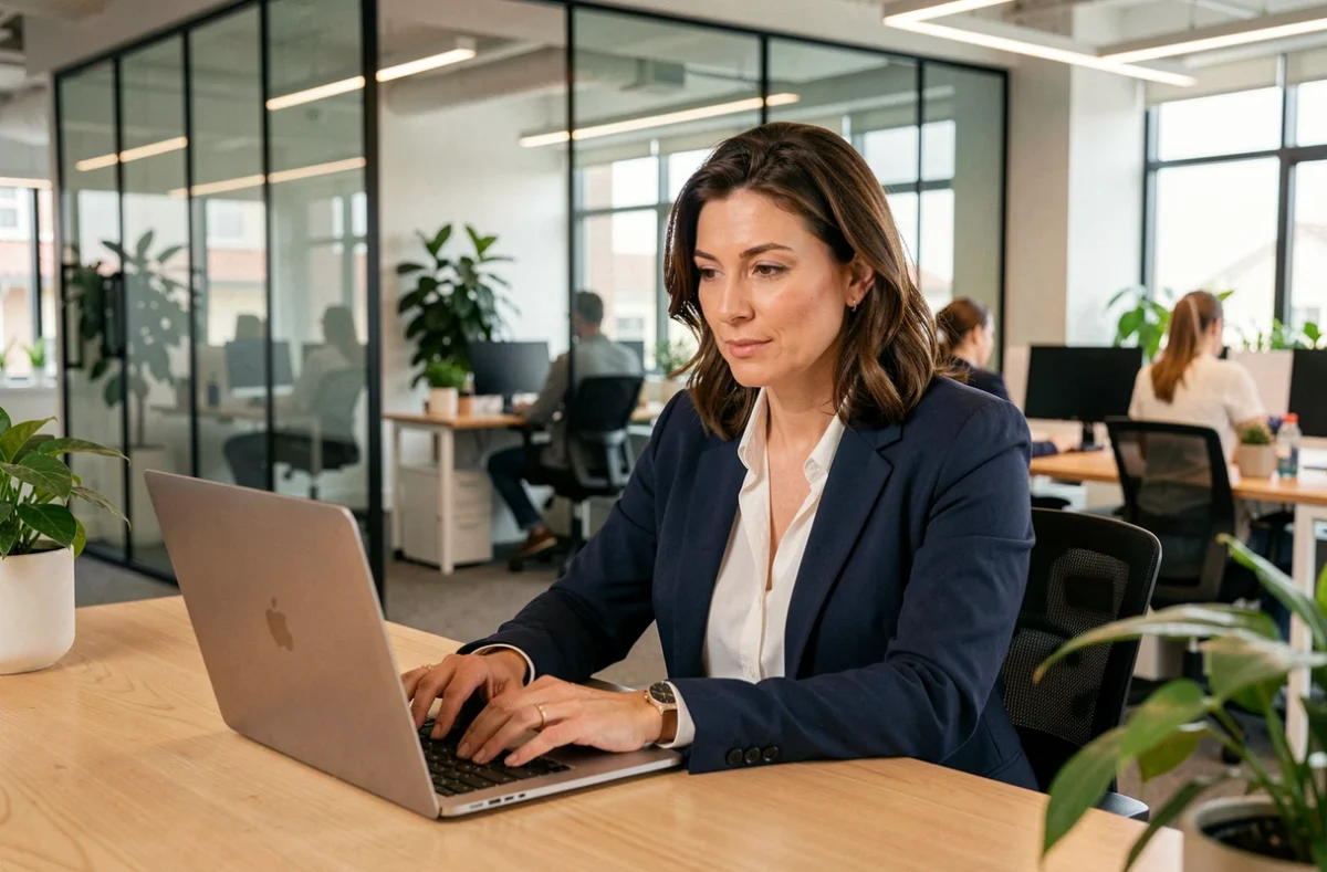 Femme professionnelle optimisant son profil en ligne sur un ordinateur portable dans un bureau moderne