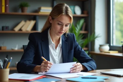 Femme professionnelle en r&eacute;union dans un bureau organis&eacute;
