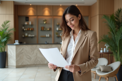 Femme confiante en tenue professionnelle examine des papiers