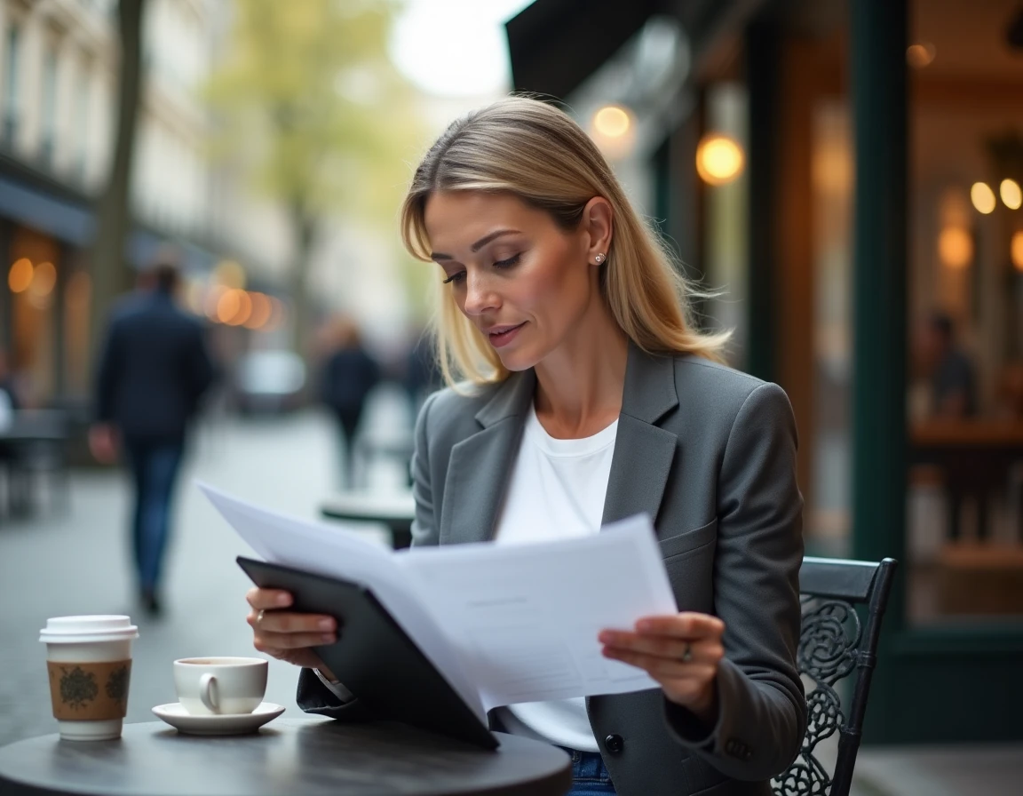 Femme professionnelle travaillant en terrasse de café en ville, symbolisant la flexibilité de carrière et l'équilibre entre vie professionnelle et personnelle