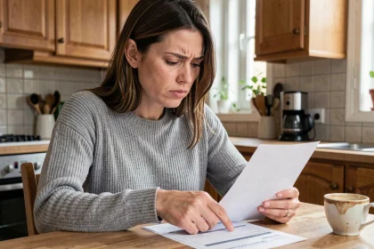 Femme examinant un relevé bancaire avec une ligne de débit suspecte portant le nom IMPRIMERIE Natio Flers en escre