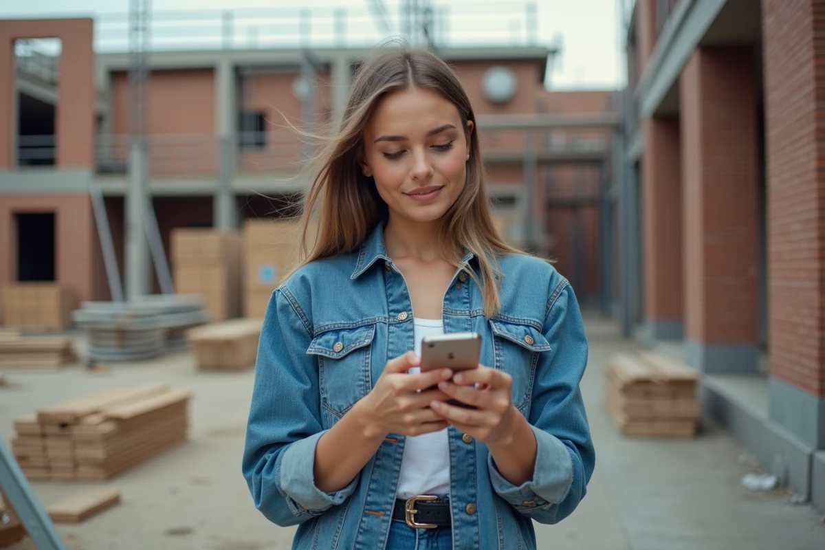 Jeune femme v&eacute;rifiant le chantier avec son smartphone