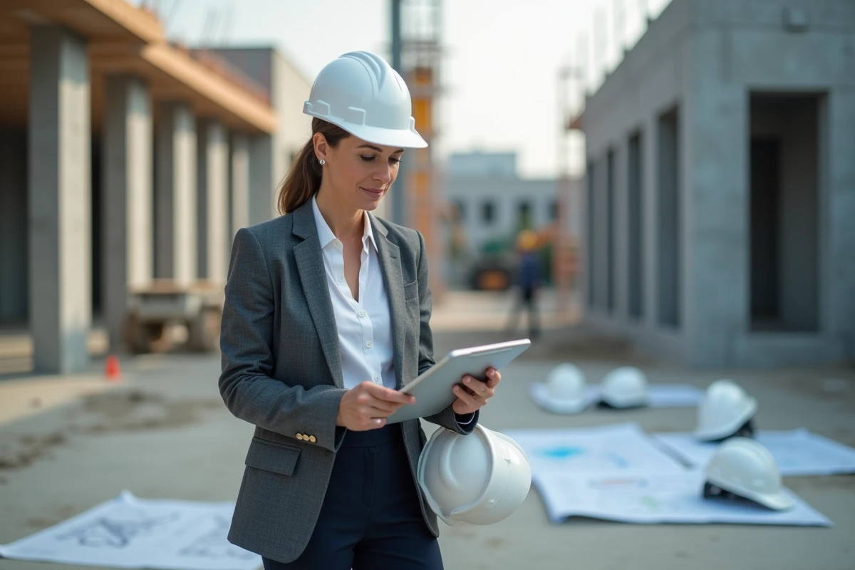 Femme sur site de construction examine documents
