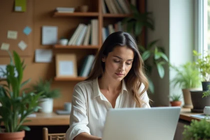 Femme travaillant depuis chez elle sur un ordinateur portable dans un bureau à domicile organisé, illustrant une carrière flexible et autonome