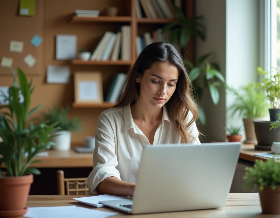 Femme travaillant depuis chez elle sur un ordinateur portable dans un bureau à domicile organisé, illustrant une carrière flexible et autonome