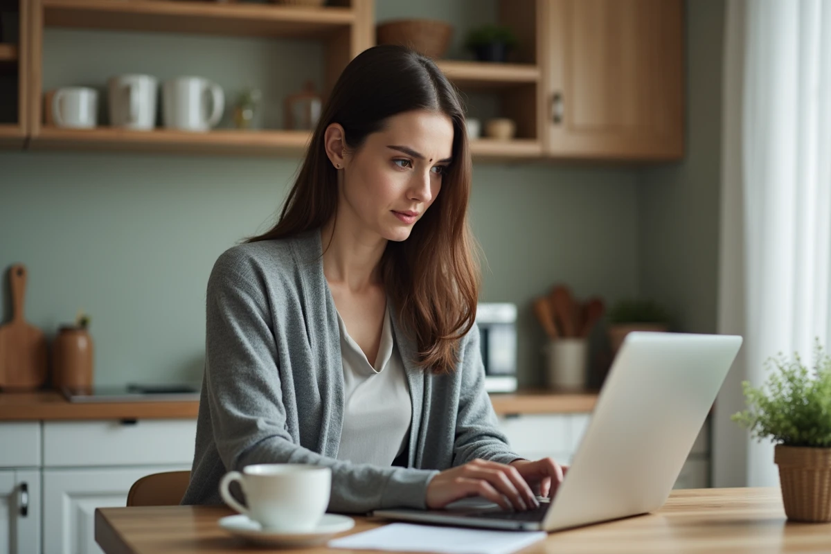 Femme travaillant &agrave; la maison sur son ordinateur portable