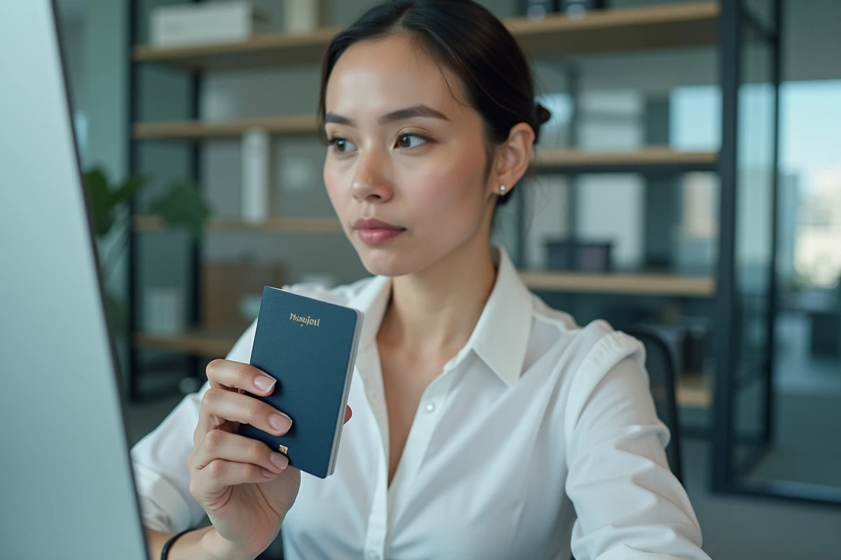 Femme d'affaires vérifiant son identité en ligne dans un bureau moderne