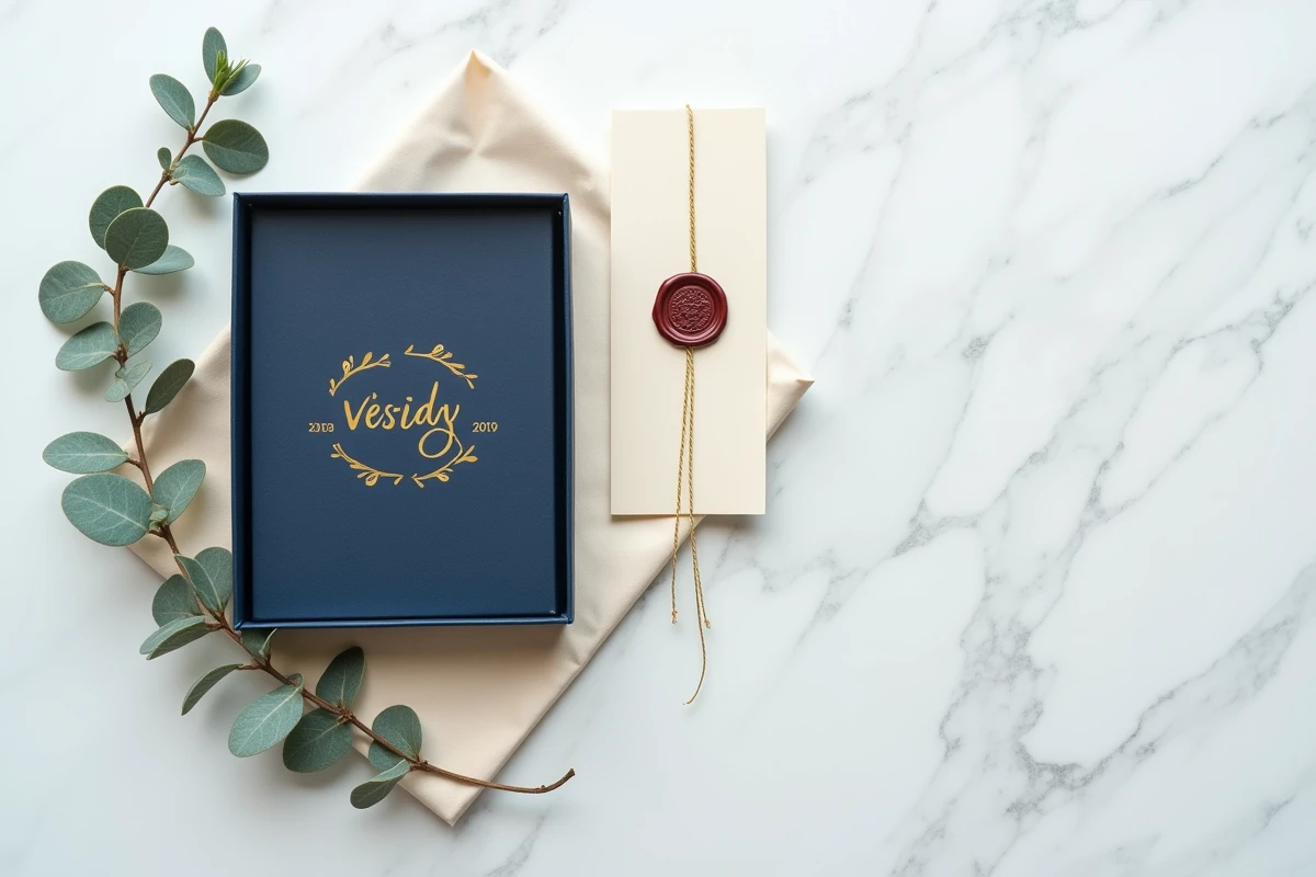 Flat lay d'une boîte cadeau luxe en marine avec dorure, papier de soie ivoire et sceau de cire sur marbre blanc