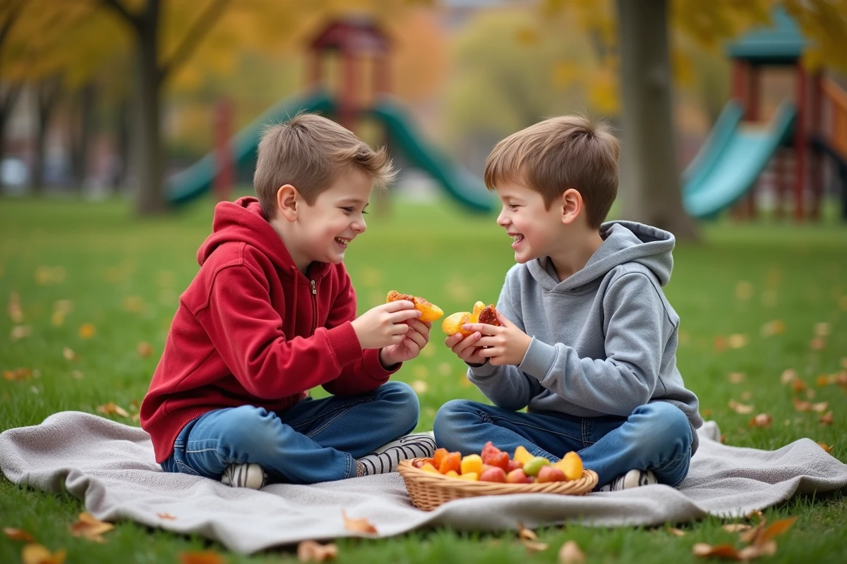 Deux garçons partageant des fruits secs en plein air dans un parc