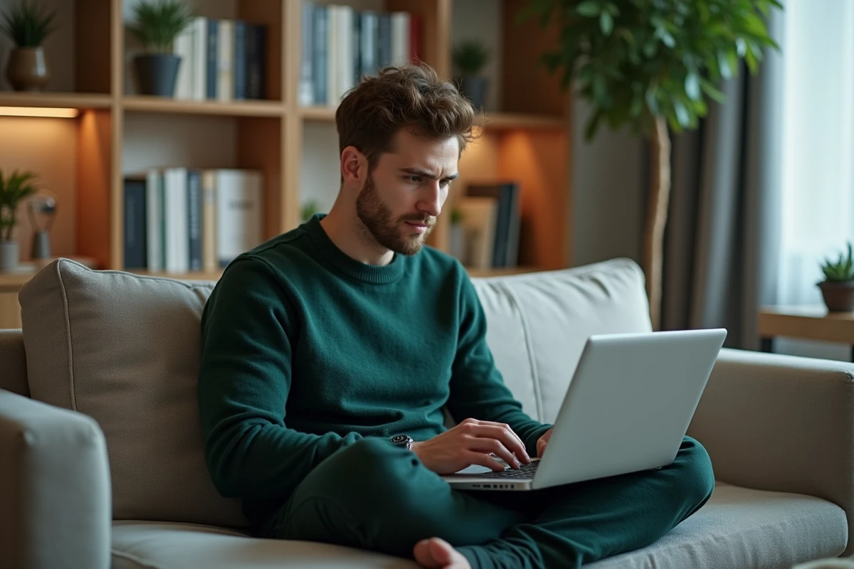 Jeune professionnel gérant un budget publicitaire pay per click depuis son bureau à domicile