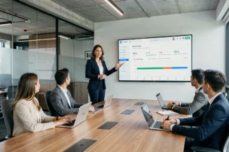 Manager présentant un tableau de bord de gestion d'équipe sur écran lors d'une réunion en entreprise