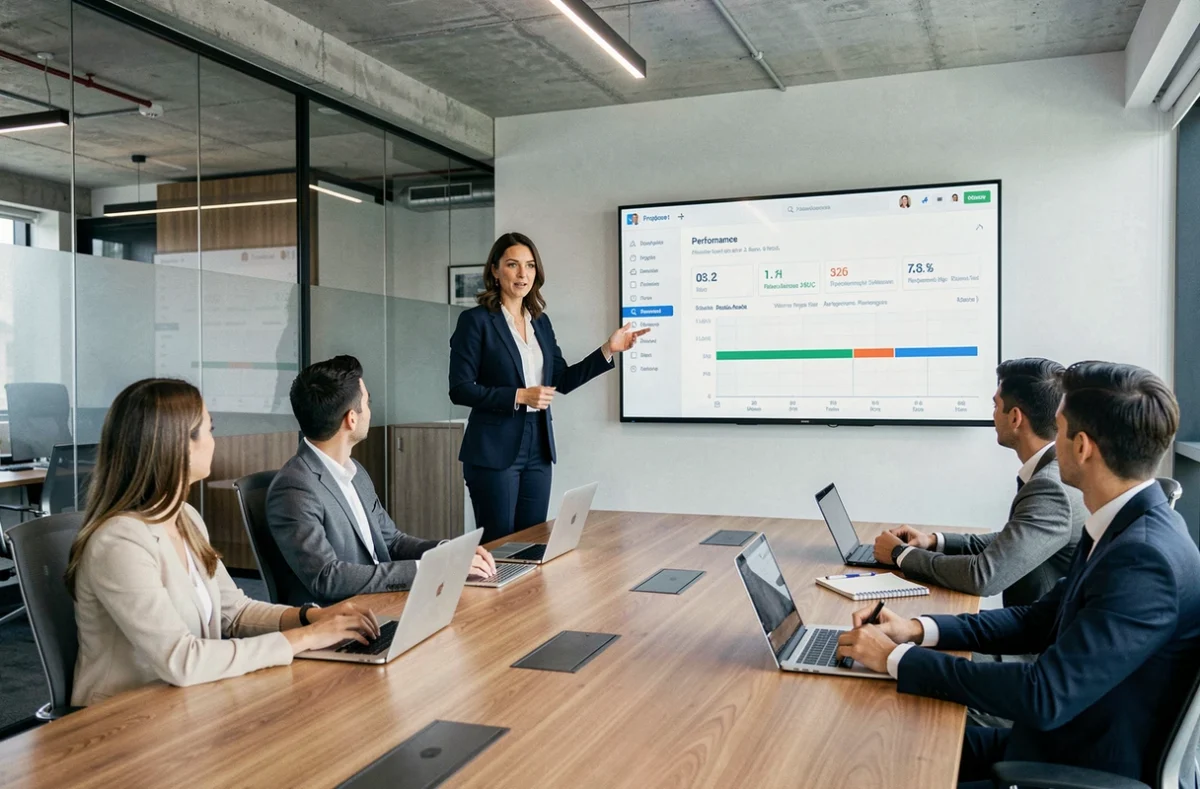 Manager présentant un tableau de bord de gestion d'équipe sur écran lors d'une réunion en entreprise