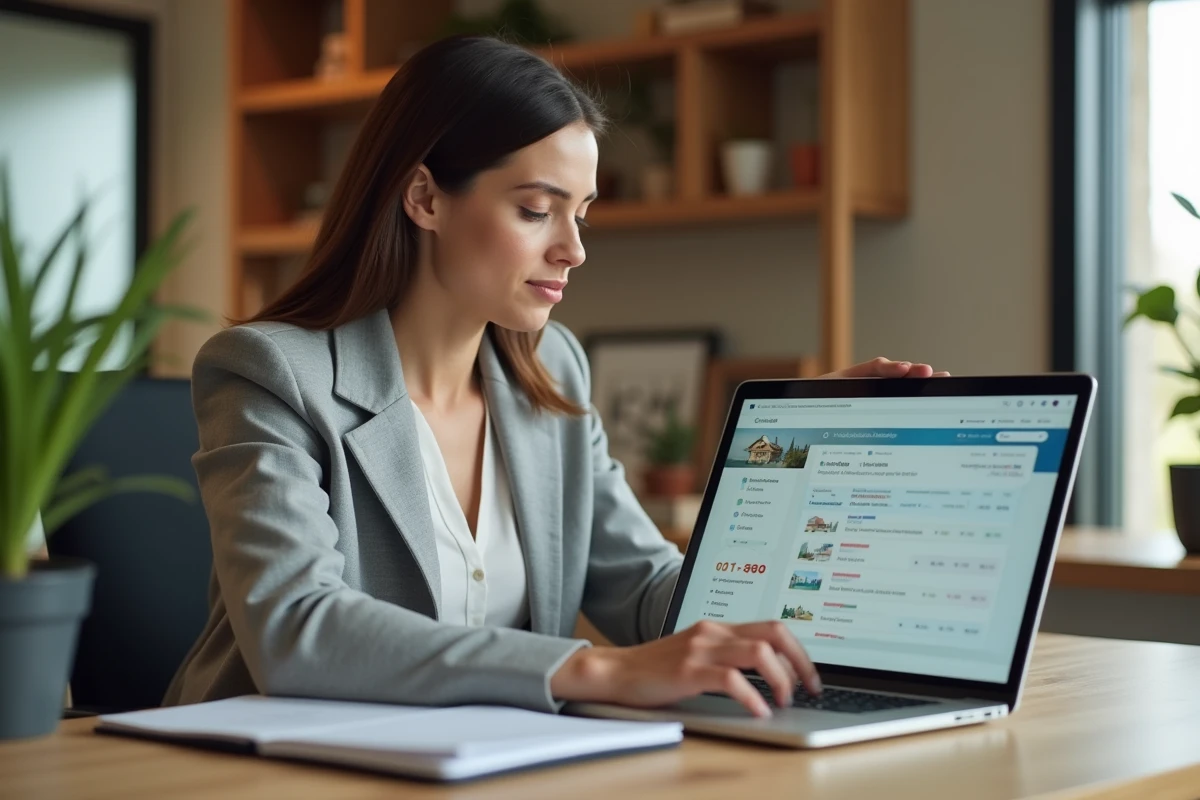 Gestionnaire de locations de vacances utilisant un logiciel de gestion de parc locatif sur son ordinateur portable dans un bureau moderne