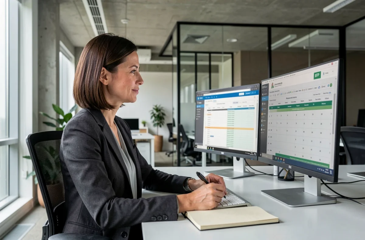 Femme d'affaires consultant une plateforme de prix BTP sur ordinateur dans un bureau moderne