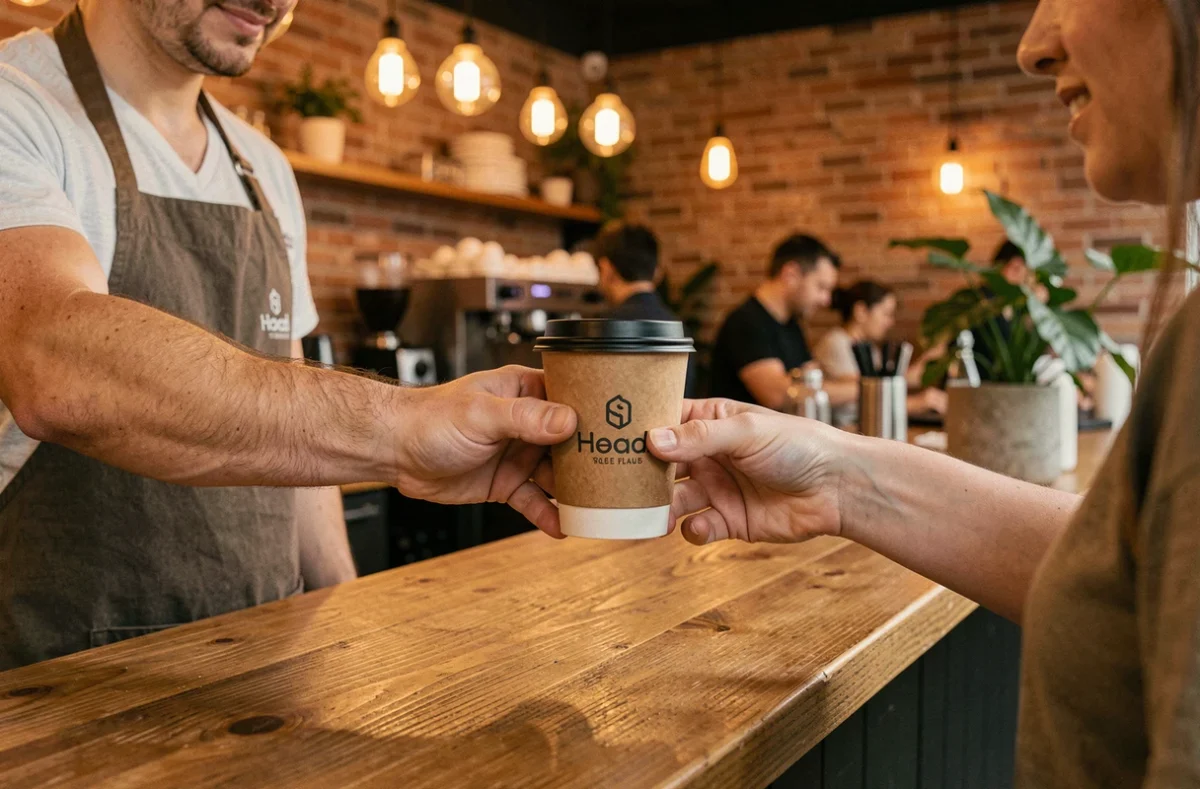 Barista remettant un gobelet personnalisé avec logo à un client dans un coffee shop moderne