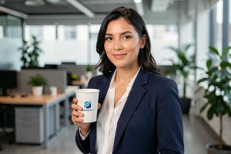 Professionnelle tenant un gobelet personnalisé avec logo d'entreprise dans un bureau moderne
