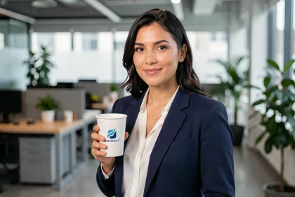 Professionnelle tenant un gobelet personnalisé avec logo d'entreprise dans un bureau moderne