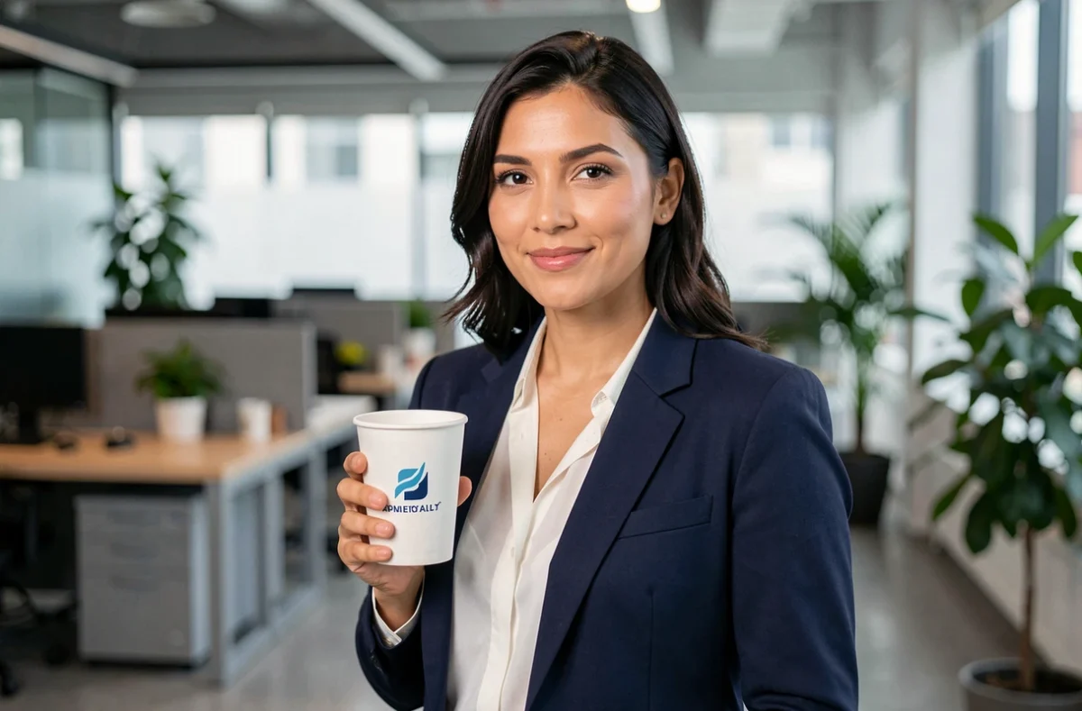 Professionnelle tenant un gobelet personnalisé avec logo d'entreprise dans un bureau moderne