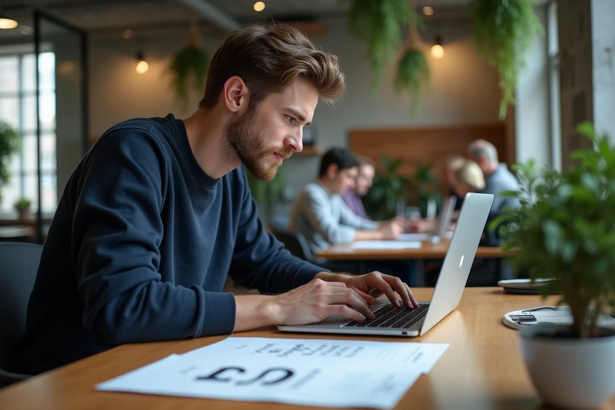 Graphiste indépendant masculin analysant des ressources téléchargées depuis Envato Elements dans un espace de coworking