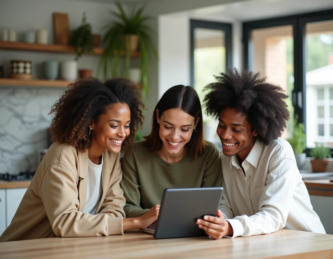 Groupe de personnes discutant d'avis consommateurs en ligne sur une tablette autour d'une table de cuisine moderne
